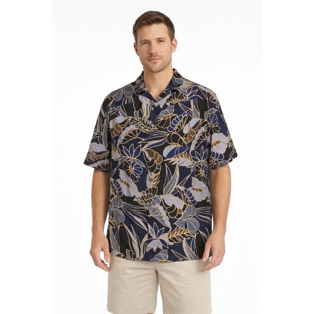Tasso Elba Mens Short Sleeve Hawaiian‎ Relax Beach Silk Blend Xl Shirt Blue